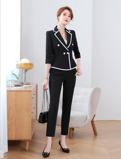 Fekete-fehér félujjú öltönyök női tavaszi ősz új csúcskategóriás divat temperamentumos blézer és szoknya Női munkaruha