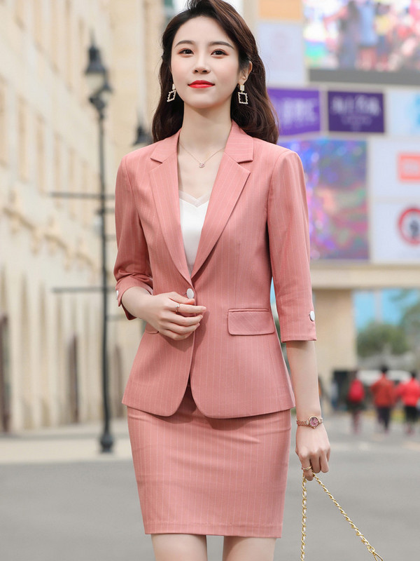 Naviu új tavaszi nyári divatcsíkos öltönyök női temperamentum formális fél ujjú karcsú blézer és szoknya irodai felsők