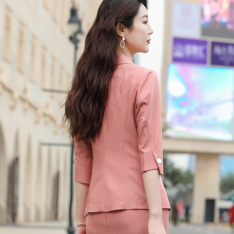 Naviu új tavaszi nyári divatcsíkos öltönyök női temperamentum formális fél ujjú karcsú blézer és szoknya irodai felsők