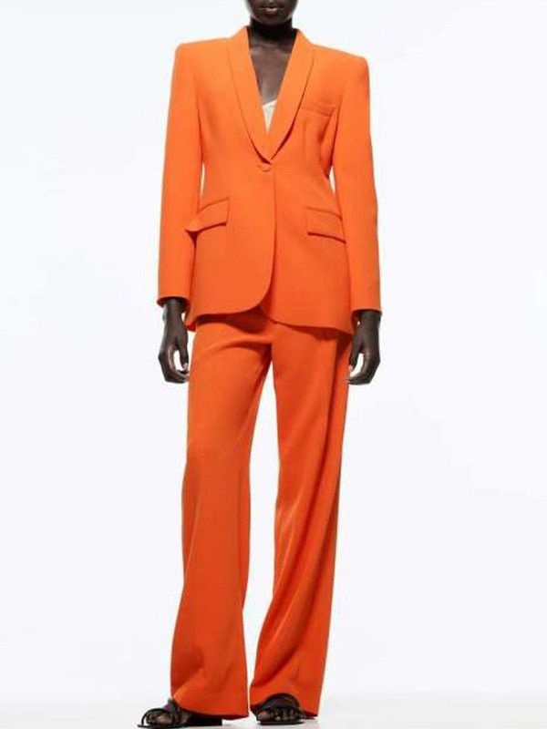 KJMYYX 2022 tavaszi divat női elegáns narancssárga hosszú öltöny, 2 részes szett, egygombos dzseki, női alkalmi irodai blézer + egyenes nadrág