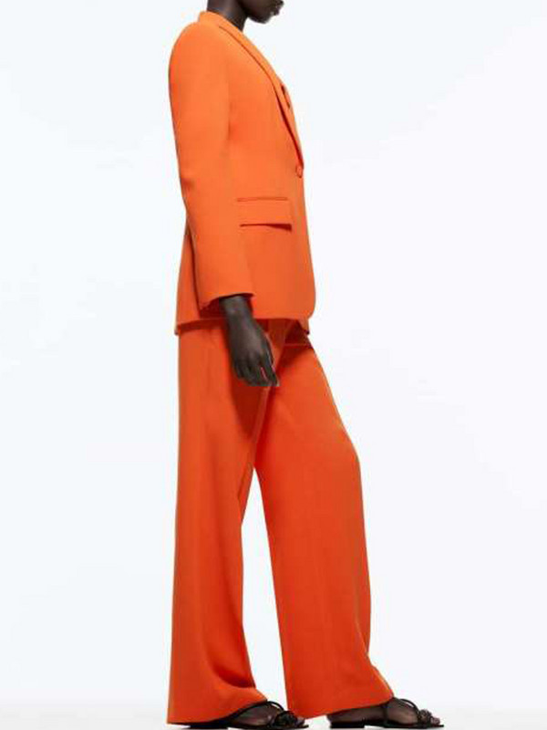 KJMYYX 2022 tavaszi divat női elegáns narancssárga hosszú öltöny, 2 részes szett, egygombos dzseki, női alkalmi irodai blézer + egyenes nadrág