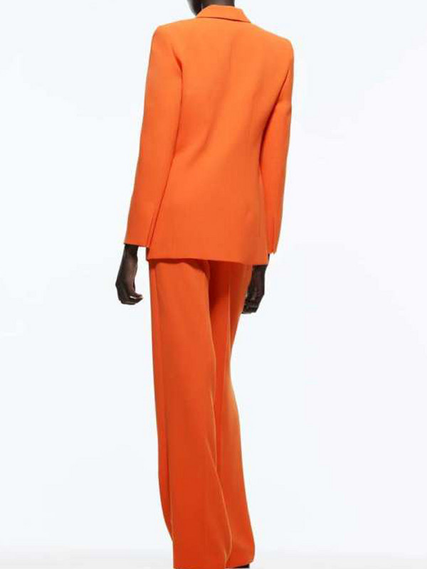 KJMYYX 2022 tavaszi divat női elegáns narancssárga hosszú öltöny, 2 részes szett, egygombos dzseki, női alkalmi irodai blézer + egyenes nadrág