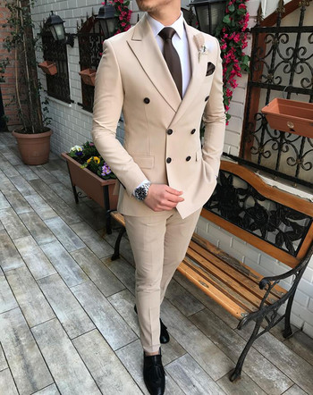 Νέο μπορντό ανδρικό κοστούμι 2 τεμαχίων με διπλή εγκοπή με πέτο Flat casual tuxedos για γάμο (Blazer+Pants)