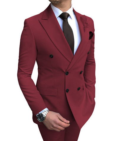 Нов бордо мъжки костюм от 2 части, двуредни плоски ежедневни смокинги с ревер и ревер за сватба (блейзър+панталон)
