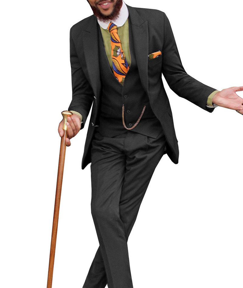 Férfi klasszikus dizájnú öltönyök 3 részes, formális, bevágásos hajtóka, tömör üzleti vőlegény szmoking, masszív esküvőre (blézer+mellény+nadrág)