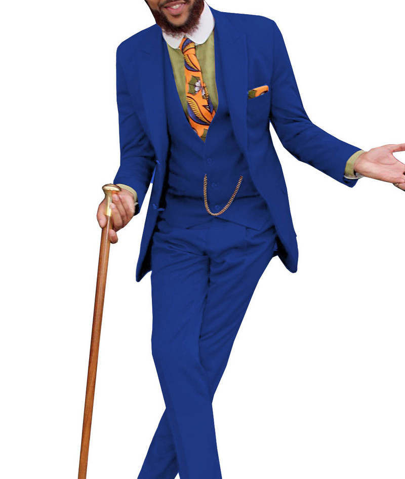 Férfi klasszikus dizájnú öltönyök 3 részes, formális, bevágásos hajtóka, tömör üzleti vőlegény szmoking, masszív esküvőre (blézer+mellény+nadrág)