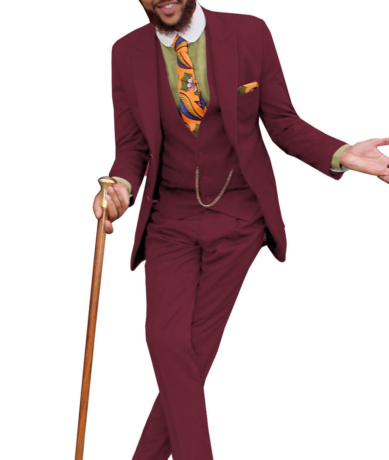 Férfi klasszikus dizájnú öltönyök 3 részes, formális, bevágásos hajtóka, tömör üzleti vőlegény szmoking, masszív esküvőre (blézer+mellény+nadrág)