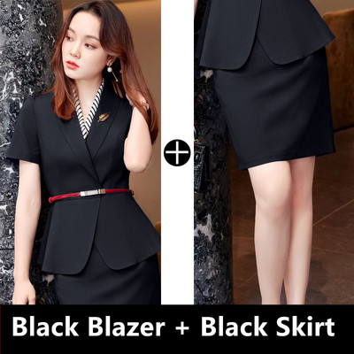 Kék rövid ujjú női öltönyök 2022 új nyári vékony professzionális hivatalos munkaruhák irodai női divat karcsú blézer és szoknya