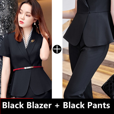 Kék rövid ujjú női öltönyök 2022 új nyári vékony professzionális hivatalos munkaruhák irodai női divat karcsú blézer és szoknya