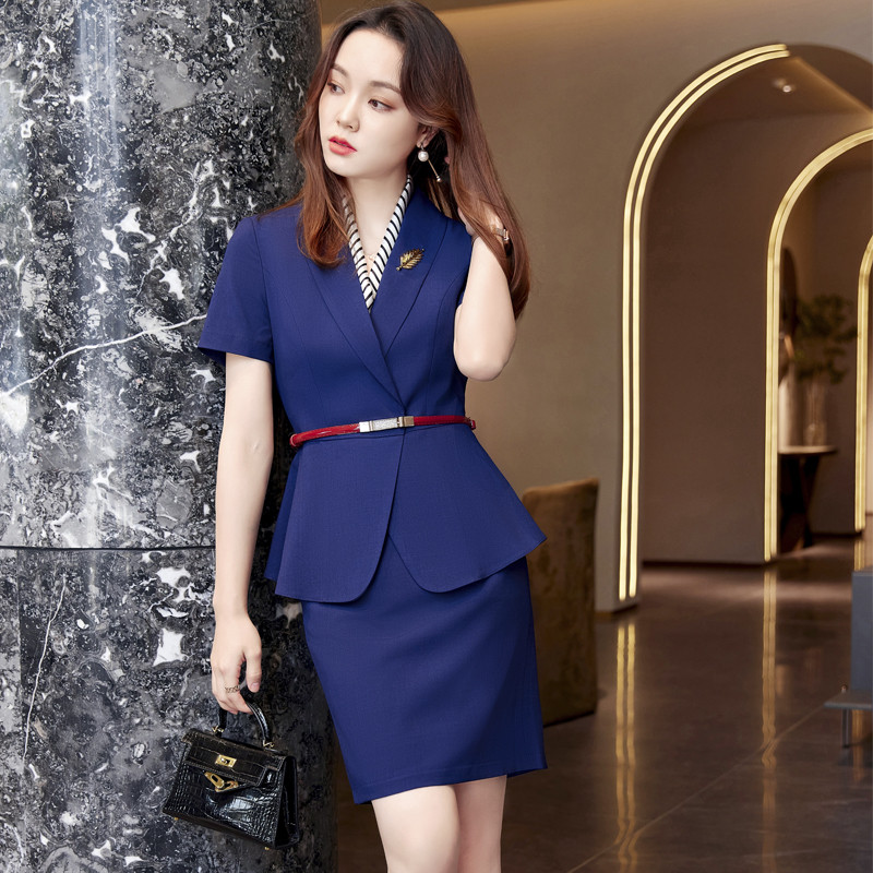 Kék rövid ujjú női öltönyök 2022 új nyári vékony professzionális hivatalos munkaruhák irodai női divat karcsú blézer és szoknya