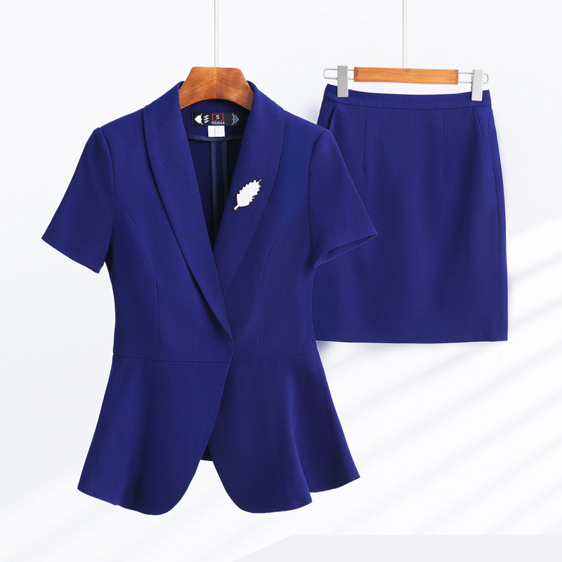 Kék rövid ujjú női öltönyök 2022 új nyári vékony professzionális hivatalos munkaruhák irodai női divat karcsú blézer és szoknya