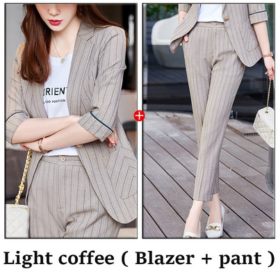 Lenshin 2 részes szett öltönyök fél ujjú nadrágkosztüm nyári viselet irodai női divat alkalmi női csíkos blézer bokáig érő nadrág