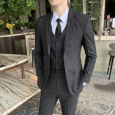 Öltöny dzseki mellény nadrág 3 db szett / 2022 divat új férfi alkalmi üzleti egyszínű karcsú illeszkedik blézerek kabát nadrágok mellény