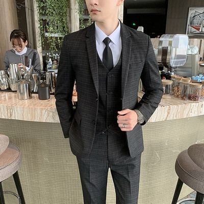 Öltöny dzseki mellény nadrág 3 db szett / 2022 divat új férfi alkalmi üzleti egyszínű karcsú illeszkedik blézerek kabát nadrágok mellény