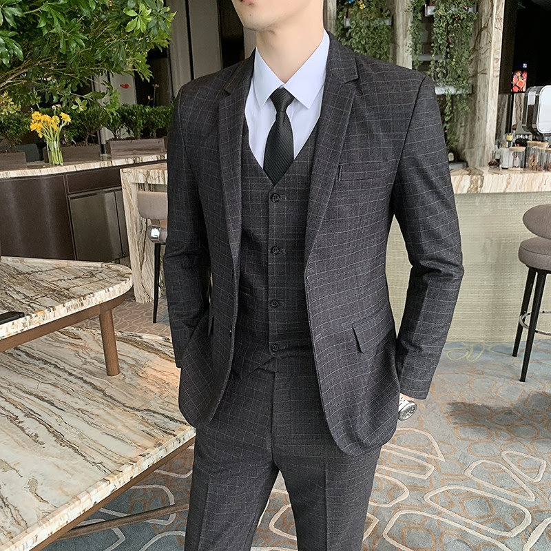 Öltöny dzseki mellény nadrág 3 db szett / 2022 divat új férfi alkalmi üzleti egyszínű karcsú illeszkedik blézerek kabát nadrágok mellény