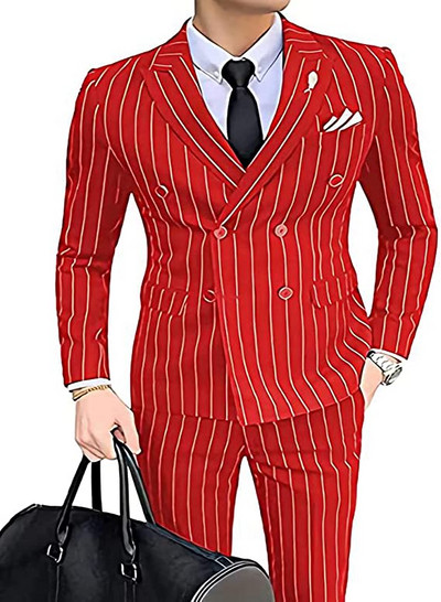 2 részes öltöny, karcsúsított férfi szett, kétsoros esküvői vőlegény, csíkos, fogazott hajtóka (blézer + nadrág)