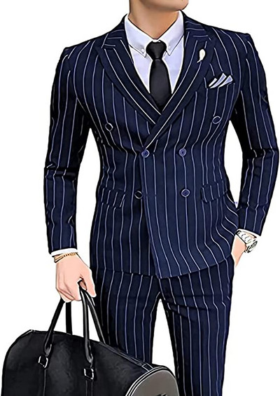 2 részes öltöny, karcsúsított férfi szett, kétsoros esküvői vőlegény, csíkos, fogazott hajtóka (blézer + nadrág)