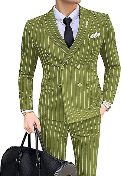 2 részes öltöny, karcsúsított férfi szett, kétsoros esküvői vőlegény, csíkos, fogazott hajtóka (blézer + nadrág)