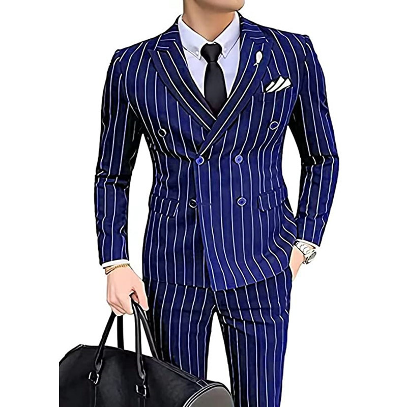 2 részes öltöny, karcsúsított férfi szett, kétsoros esküvői vőlegény, csíkos, fogazott hajtóka (blézer + nadrág)