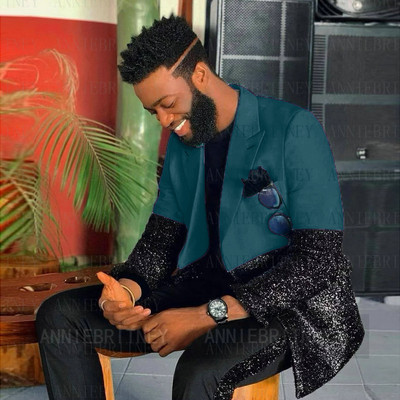 Testre szabott férfi luxus kék esküvői öltöny férfiaknak 2022 fekete flitter egyedi jelmez Homme 2 részes elegáns ruha férfi öltöny