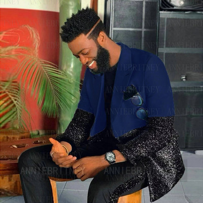 Testre szabott férfi luxus kék esküvői öltöny férfiaknak 2022 fekete flitter egyedi jelmez Homme 2 részes elegáns ruha férfi öltöny