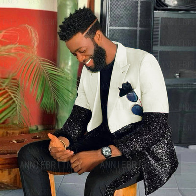 Testre szabott férfi luxus kék esküvői öltöny férfiaknak 2022 fekete flitter egyedi jelmez Homme 2 részes elegáns ruha férfi öltöny