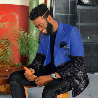 Testre szabott férfi luxus kék esküvői öltöny férfiaknak 2022 fekete flitter egyedi jelmez Homme 2 részes elegáns ruha férfi öltöny