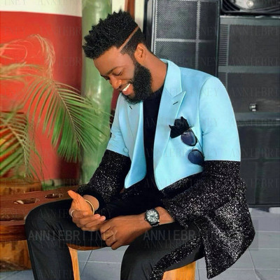 Testre szabott férfi luxus kék esküvői öltöny férfiaknak 2022 fekete flitter egyedi jelmez Homme 2 részes elegáns ruha férfi öltöny