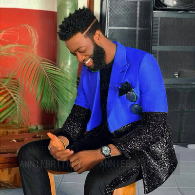 Testre szabott férfi luxus kék esküvői öltöny férfiaknak 2022 fekete flitter egyedi jelmez Homme 2 részes elegáns ruha férfi öltöny