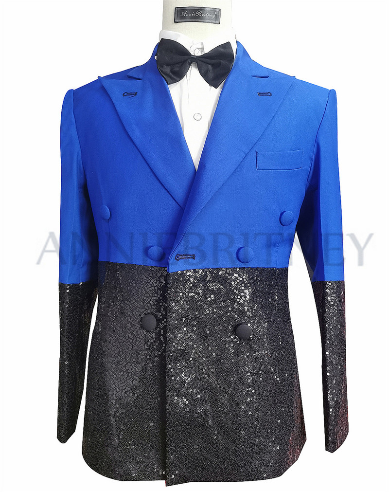Testre szabott férfi luxus kék esküvői öltöny férfiaknak 2022 fekete flitter egyedi jelmez Homme 2 részes elegáns ruha férfi öltöny