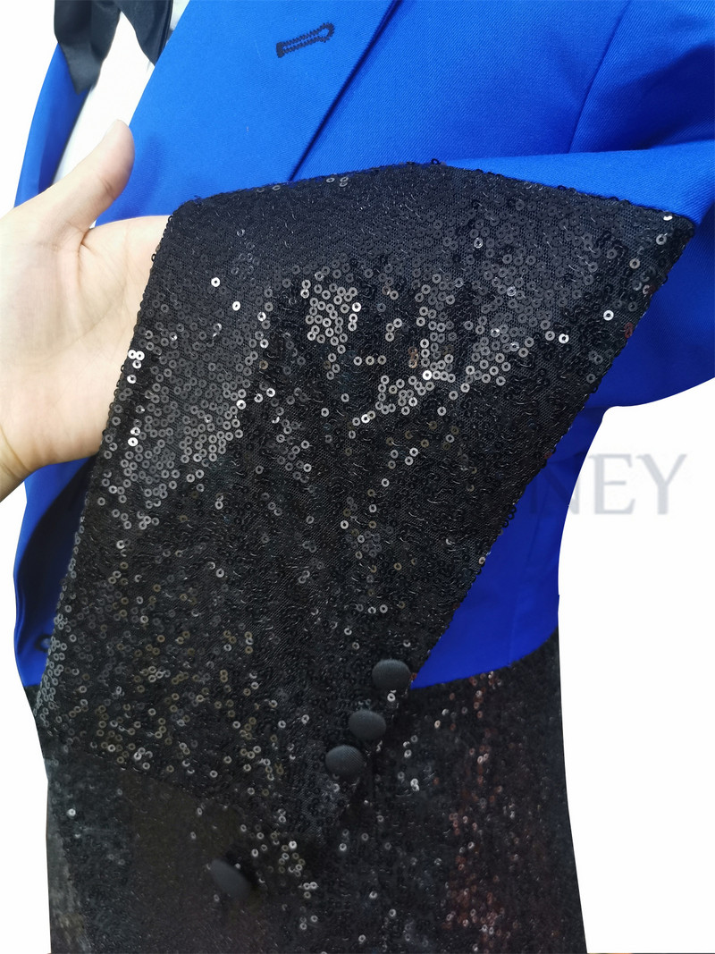 Testre szabott férfi luxus kék esküvői öltöny férfiaknak 2022 fekete flitter egyedi jelmez Homme 2 részes elegáns ruha férfi öltöny