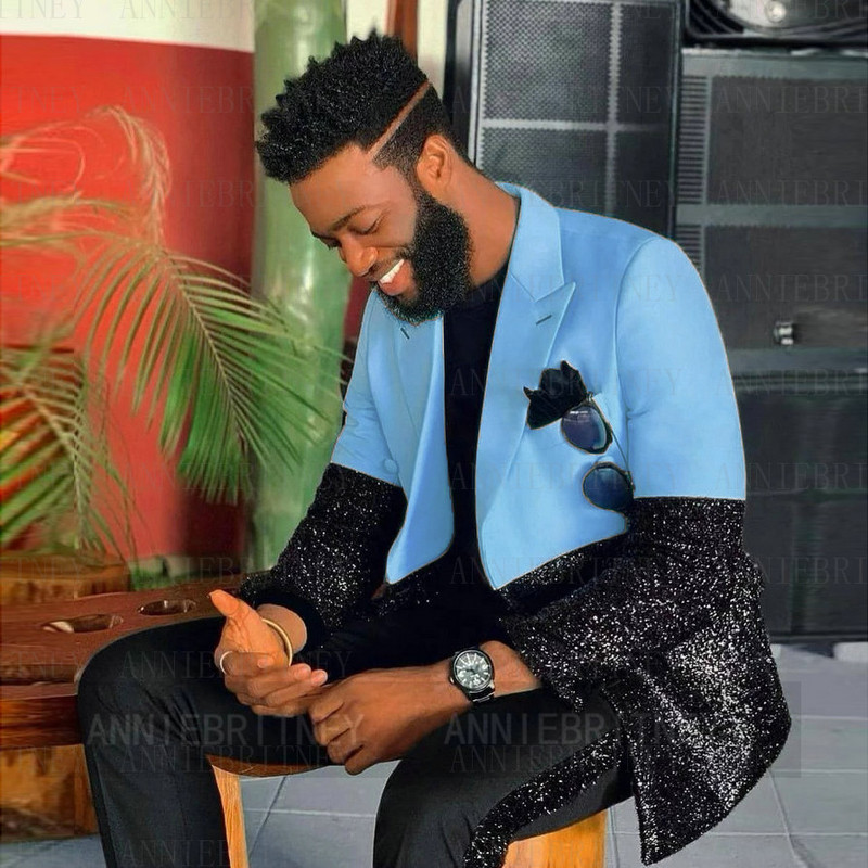 Testre szabott férfi luxus kék esküvői öltöny férfiaknak 2022 fekete flitter egyedi jelmez Homme 2 részes elegáns ruha férfi öltöny