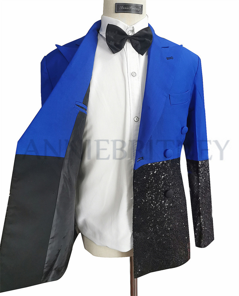 Testre szabott férfi luxus kék esküvői öltöny férfiaknak 2022 fekete flitter egyedi jelmez Homme 2 részes elegáns ruha férfi öltöny