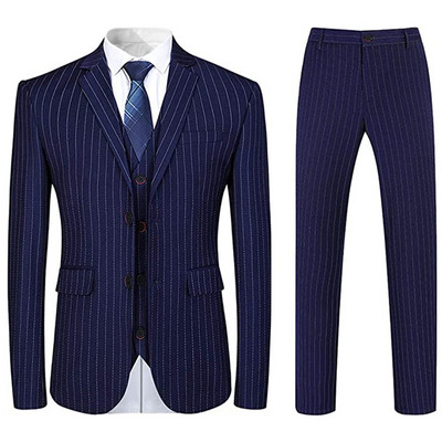 Férfi 3 részes formális öltöny, csíkos, vékonyan illeszkedő, bevágott hajtókás ruha, blézer mellény nadrág szett (Blézer+mellény+nadrág)