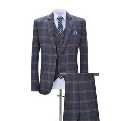 Férfi öltönyök 3 részes karcsú szabású üzleti öltönyök Vőlegény csíkos, rácsos kék szmokingok ünnepi esküvői plusz öltönyökhöz (blézer+nadrág+mellény)