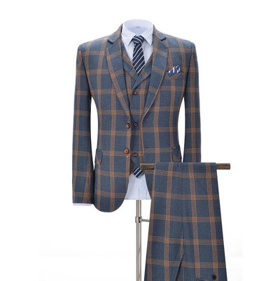 Férfi öltönyök 3 részes karcsú szabású üzleti öltönyök Vőlegény csíkos, rácsos kék szmokingok ünnepi esküvői plusz öltönyökhöz (blézer+nadrág+mellény)