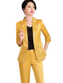 Női formális blézer nadrágkosztüm, sárga fehér fekete 2 részes női félujjú kabát és nadrág irodai női nyári viselethez