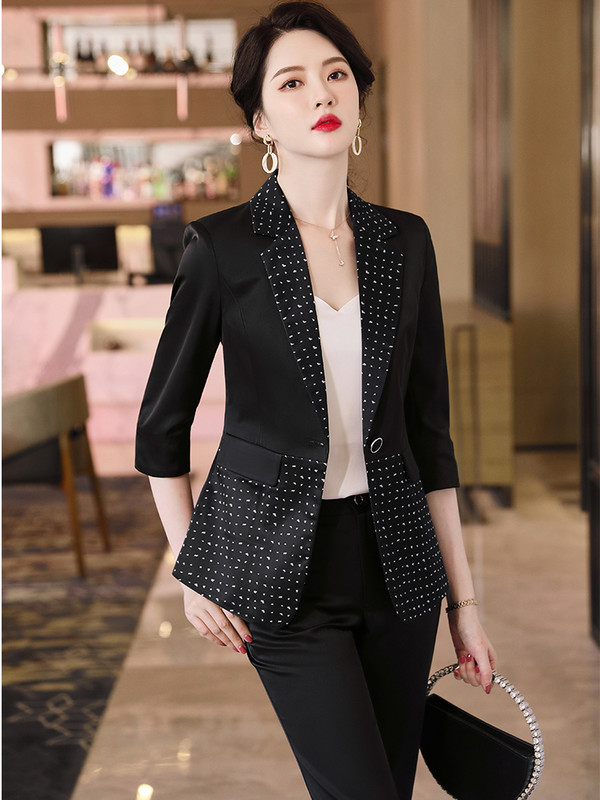 Női formális blézer nadrágkosztüm, sárga fehér fekete 2 részes női félujjú kabát és nadrág irodai női nyári viselethez