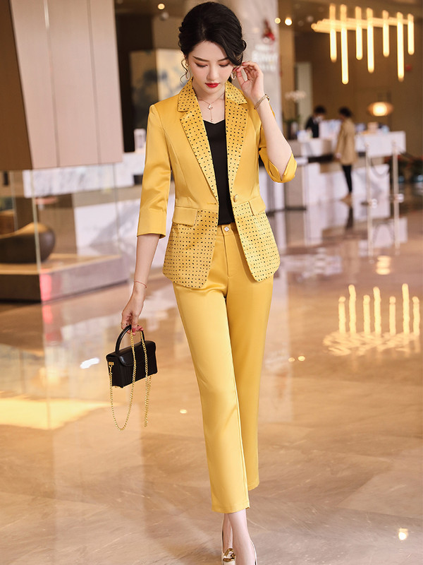 Női formális blézer nadrágkosztüm, sárga fehér fekete 2 részes női félujjú kabát és nadrág irodai női nyári viselethez