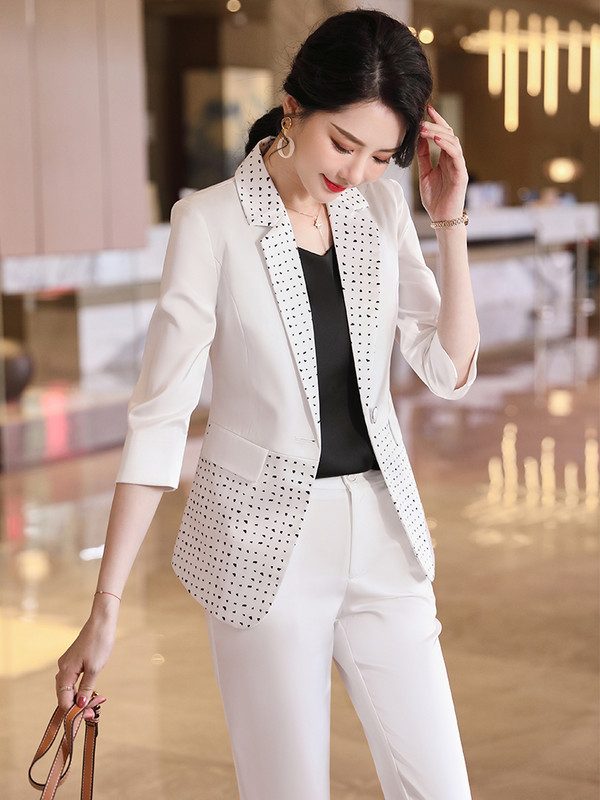 Női formális blézer nadrágkosztüm, sárga fehér fekete 2 részes női félujjú kabát és nadrág irodai női nyári viselethez