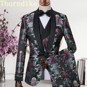 Thorndike Handsome, olcsó fekete jacquard öltönyök vacsora öltönyök egyedi szmoking szmoking formális férfi öltönyökhöz (kabát+mellény+nadrág)