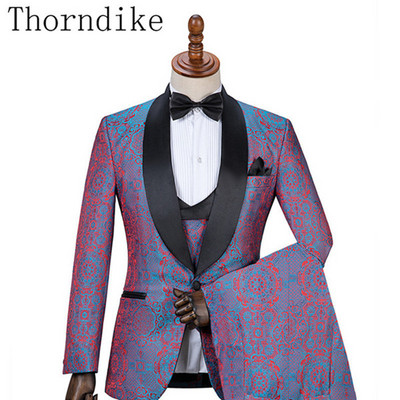 Thorndike Handsome, olcsó fekete jacquard öltönyök vacsora öltönyök egyedi szmoking szmoking formális férfi öltönyökhöz (kabát+mellény+nadrág)