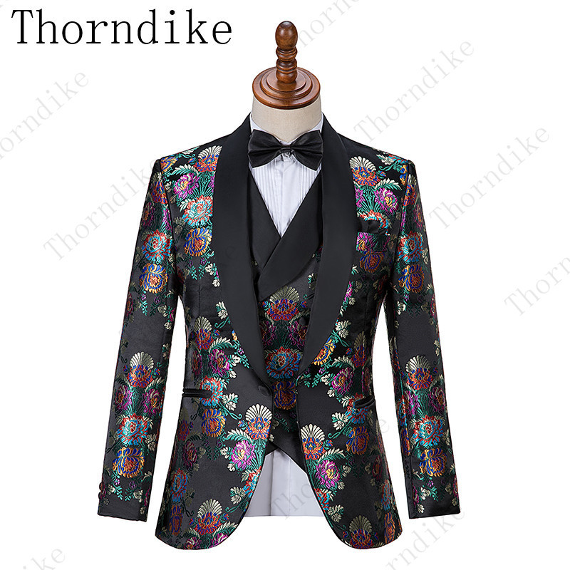Thorndike Handsome, olcsó fekete jacquard öltönyök vacsora öltönyök egyedi szmoking szmoking formális férfi öltönyökhöz (kabát+mellény+nadrág)