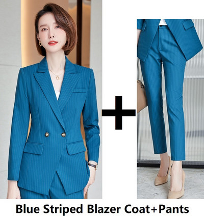 Kiváló minőségű szövet Elegáns csíkos női üzleti öltönyök OL stílusok formális professzionális blézerek munkaruha nadrág szett nadrágkosztüm