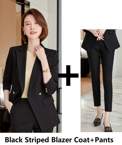 Kiváló minőségű szövet Elegáns csíkos női üzleti öltönyök OL stílusok formális professzionális blézerek munkaruha nadrág szett nadrágkosztüm