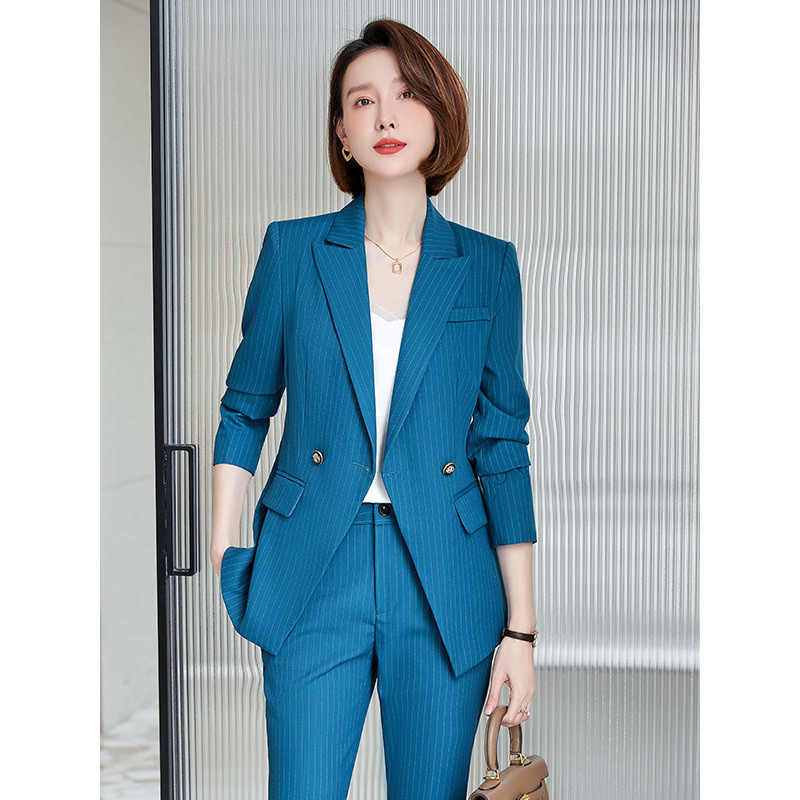 Kiváló minőségű szövet Elegáns csíkos női üzleti öltönyök OL stílusok formális professzionális blézerek munkaruha nadrág szett nadrágkosztüm