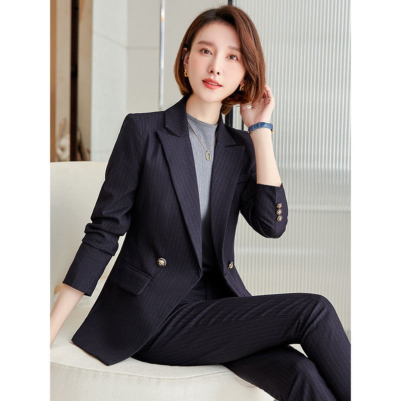 Kiváló minőségű szövet Elegáns csíkos női üzleti öltönyök OL stílusok formális professzionális blézerek munkaruha nadrág szett nadrágkosztüm