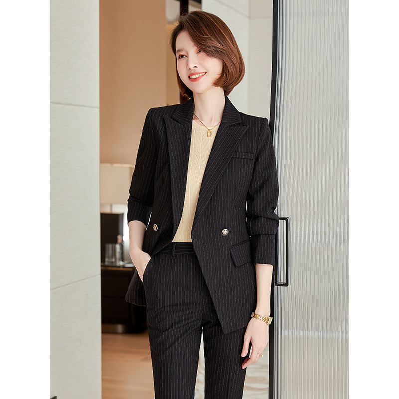 Kiváló minőségű szövet Elegáns csíkos női üzleti öltönyök OL stílusok formális professzionális blézerek munkaruha nadrág szett nadrágkosztüm