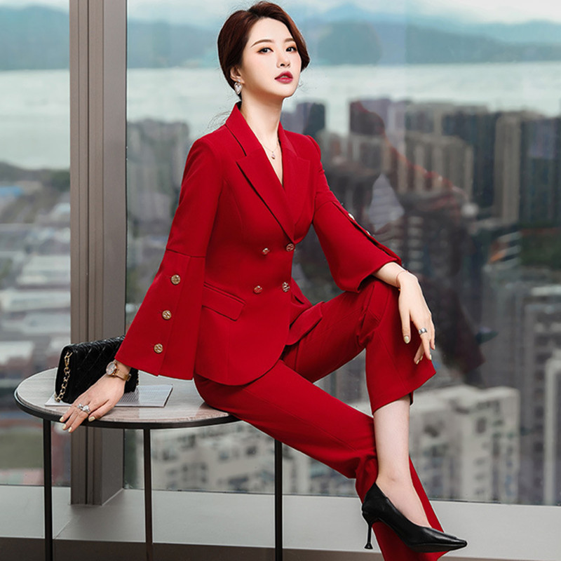 Divatos piros nadrágkosztüm női 2 részes szett tavaszi őszi blézer szett irodai női üzleti munka Egyenruhák formális nadrágkosztüm