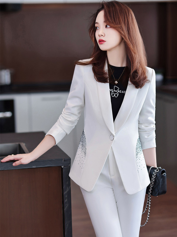 Női hivatalos munkaruha blézer nadrágkosztüm kék fehér fekete 2 részes női tömör kabát kabát és nadrág irodai hölgyeknek